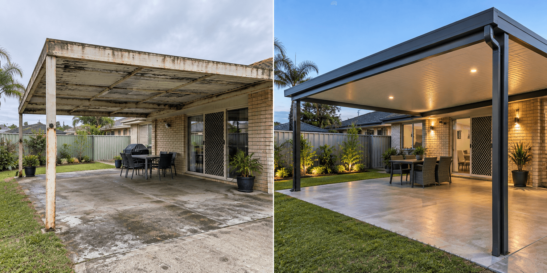 Before and after of a carport and patio rebuild by Master Roofing Services