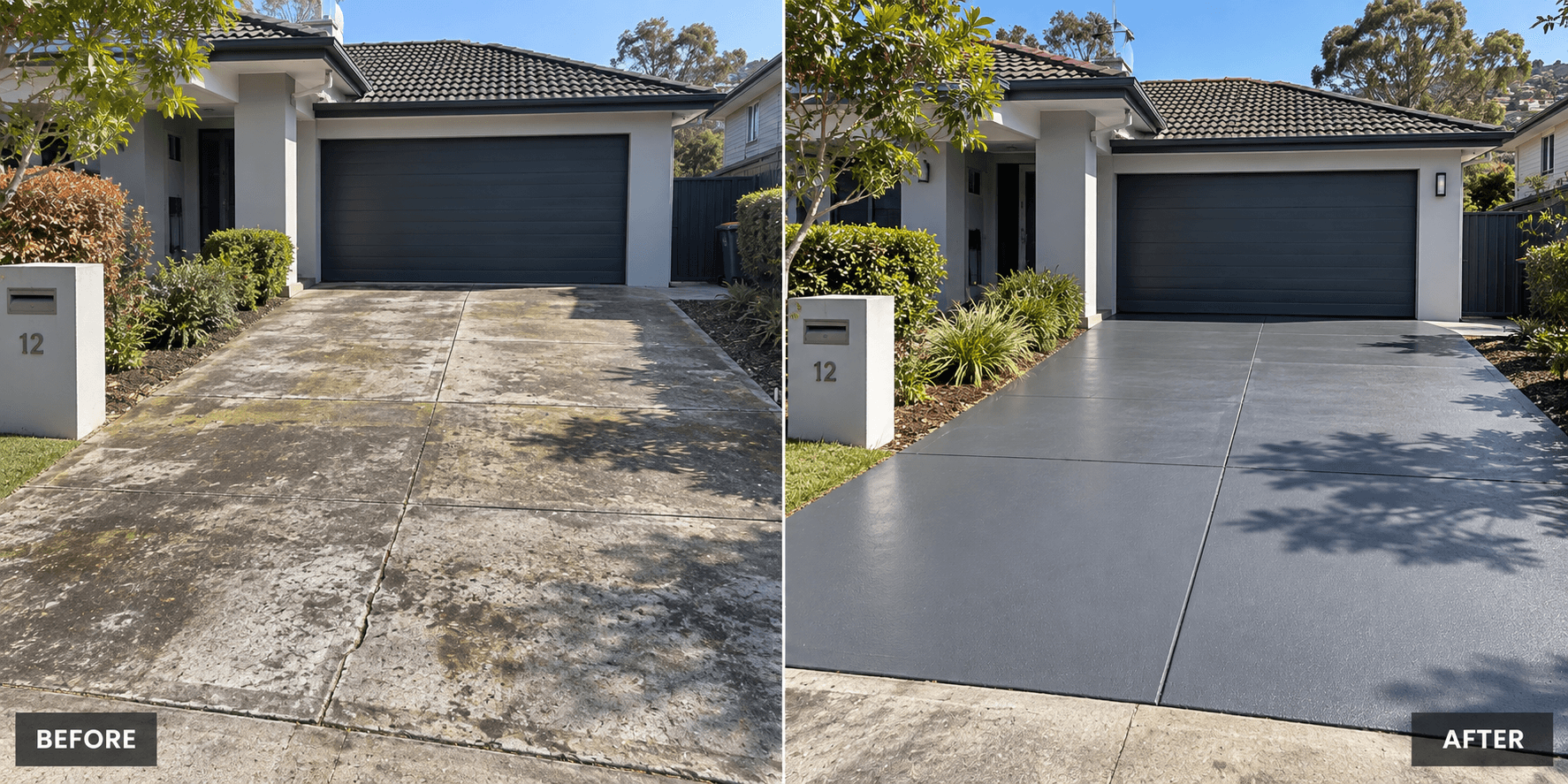 Before and after of driveway wash and paint by Master Roofing Services