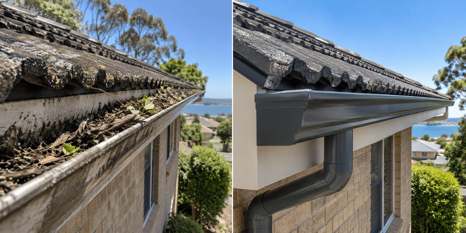 Before and after of gutter installation by Master Roofing Services