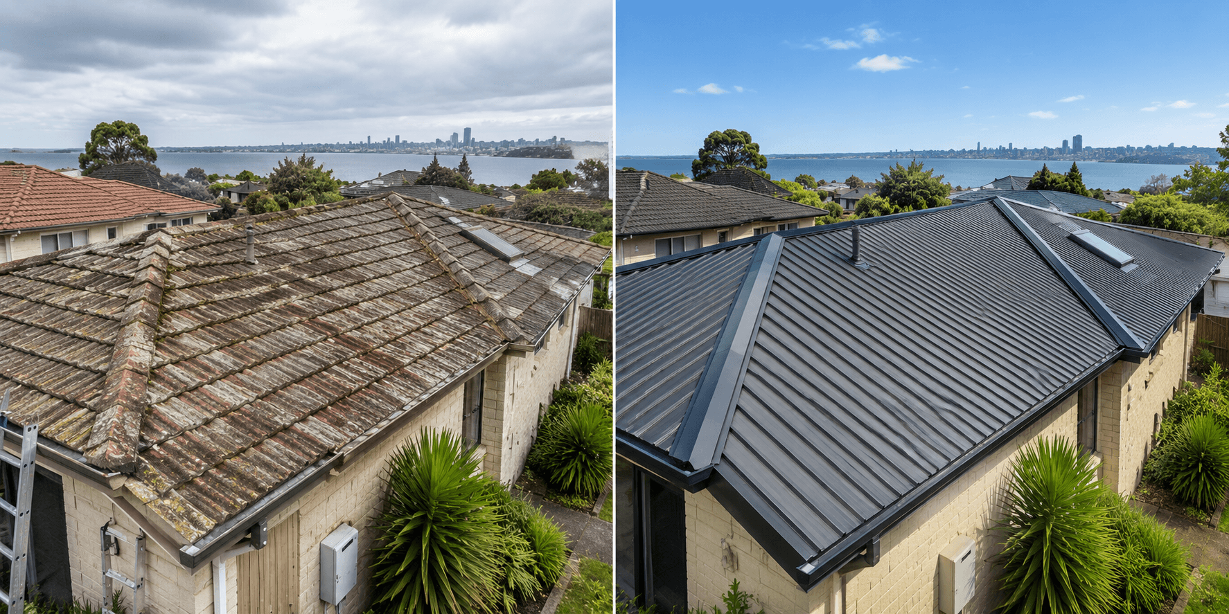Before and after of a metal roof replacement by Master Roofing Services