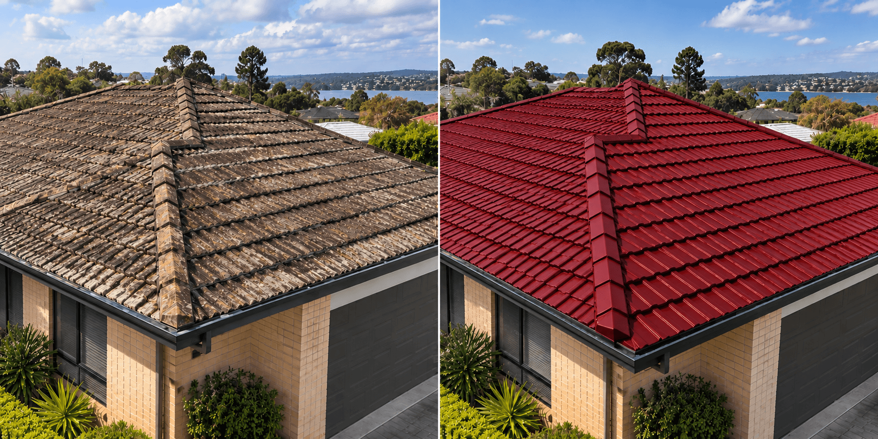 Before and after of roof painting by Master Roofing Services