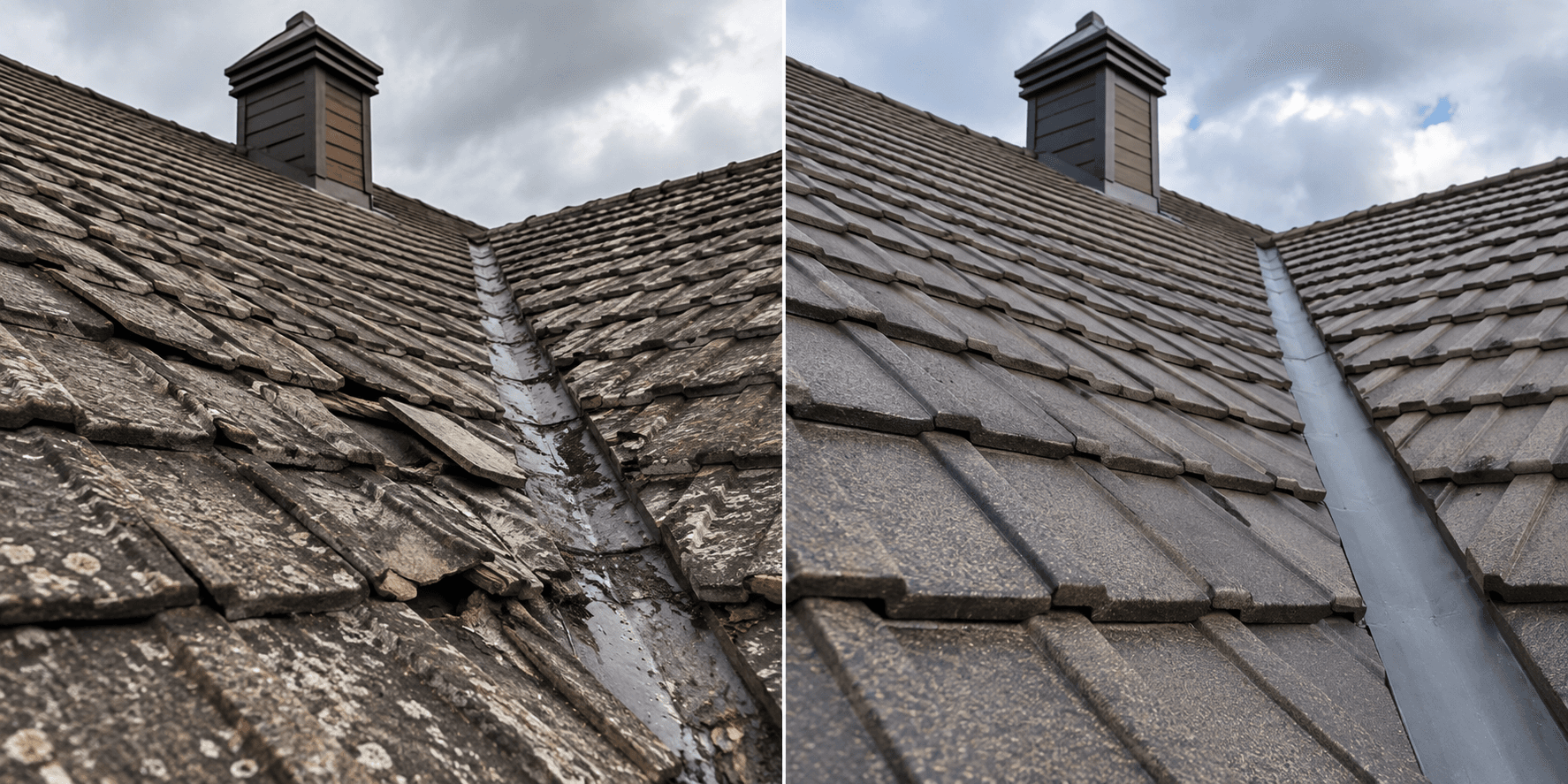 Before and after of a roof leak repair by Master Roofing Services
