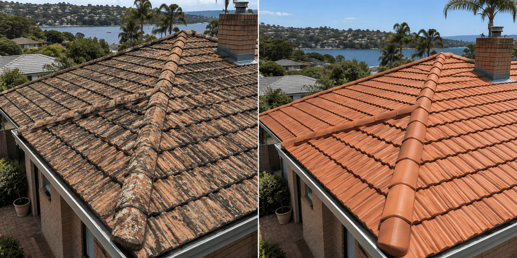 Before and after of terracotta roof restoration by Master Roofing Services